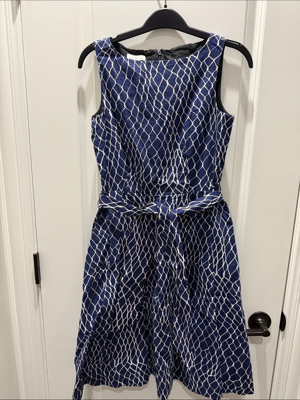 L.L. Bean Navy & White Patterned Tie-Waist Cotton Poplin Midi Dress